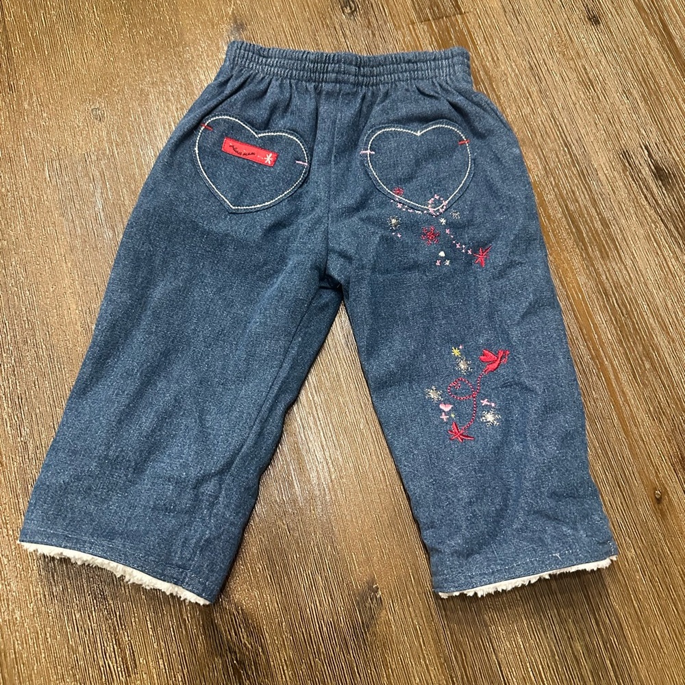 3/27$ Baby Fleece Lined Denim Jeans with Embroidery size 3 months - Picture 2 of 6